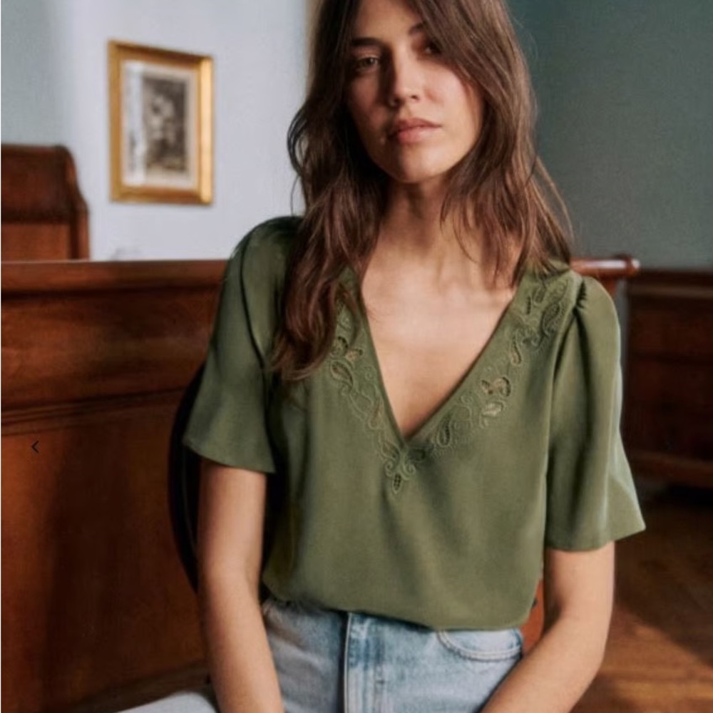 Sezane 100% Silk Olive Green Embroidered V-Neck Blouse Size 10